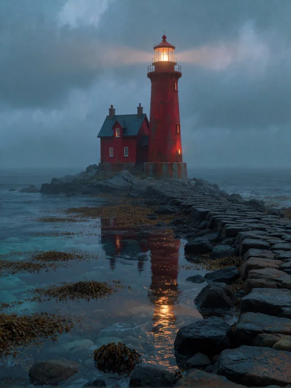 Depict A Solitary Red Lighthouse With An Adjoining Keepers H...