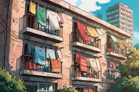 Carlesdalmau Style Illustration Of A Sunlit Apartment Buildi... — Stable Diffusion AI Prompt: carles_dalmau style illustration of a sunlit apartment building with multiple ba...