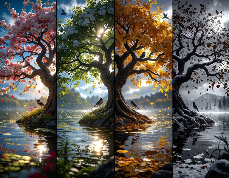 The Image Is A Vertical Four-panel Artwork That Vividly Depi...