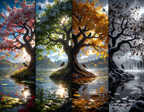 The Image Is A Vertical Four-panel Artwork That Vividly Depi... — Stable Diffusion AI Prompt: The image is a vertical four-panel artwork that vividly depicts the changing sea...