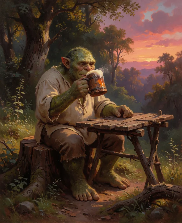 A Highly Detailed Oil Painting Of A Large, Green-skinned Tro...