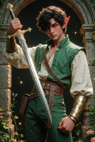 Dynamic Full Body Portrait Of A Male Half-elf With Curly Dar... — Stable Diffusion AI Prompt: dynamic full body portrait of a male half-elf with curly dark hair and pointed e...