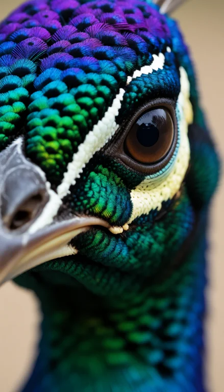 Close-up Photograph Of A Peacocks Head, Focusing On Its Righ...