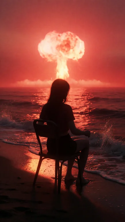 A Lone Young Woman Sits In Silhouette On A Chair At The Edge...
