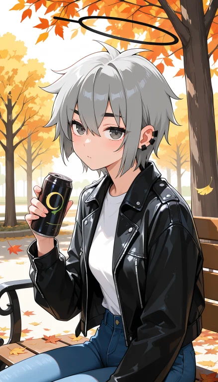 Qi4njun, 1girl, Solo, Qi4nhalo, Halo, Black Jacket, Leather...