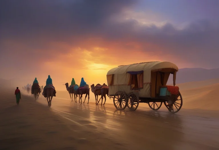 A Caravan Crossing The Silk Road At Dusk, Digital Painting,...