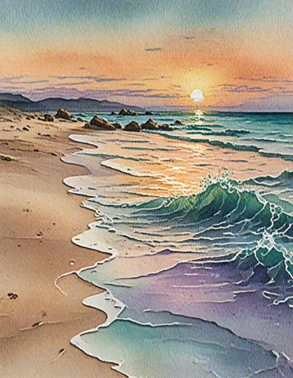 An Impressionistic Watercolor Sketch Of A Tranquil Beach At...
