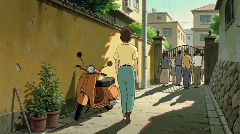 Anmtrx2003, A Woman In A Pale Yellow Shirt And Teal Pants Wa... — Stable Diffusion AI Prompt: anmtrx2003, A woman in a pale yellow shirt and teal pants walks away from the vi...
