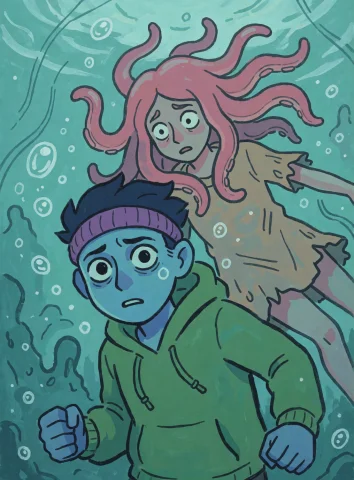 Painting Of Two Underwater Figures In A Surreal, Dreamlike S... — Stable Diffusion AI Prompt: Painting of two underwater figures in a surreal, dreamlike scene. The foreground...