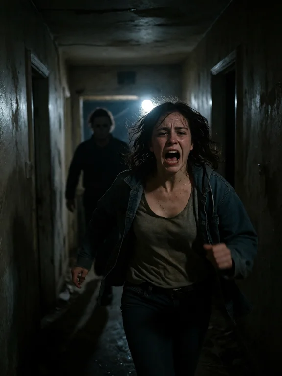 Front-facing View Inside A Dark Corridor At Night. A Woman I...