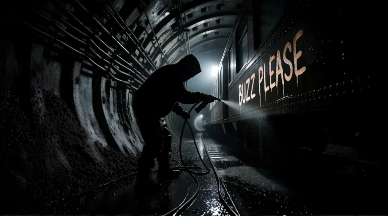 A Wide Shot Of A Clandestine Graffiti Vandalism Scene Inside...