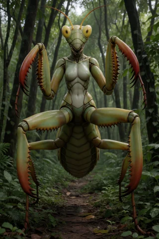 Full Body Dynamic Pose, A 3d Realistic Image Of A Mantis Mon... — Stable Diffusion AI Prompt: full body dynamic pose, a 3D realistic image of a mantis monster girl. the girl...