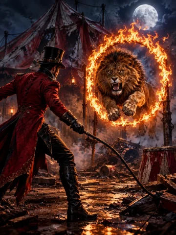 A Dramatic Circus Scene Shows A Mysterious Ringmaster Confro... — Stable Diffusion AI Prompt: A dramatic circus scene shows a mysterious ringmaster confronting a roaring lion...