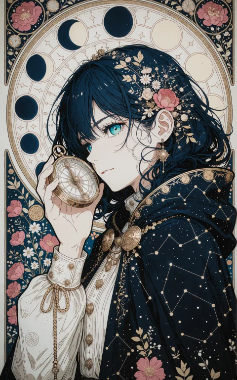 Ornamental Art Nouveau Inspired Anime Illustration, Intricat...