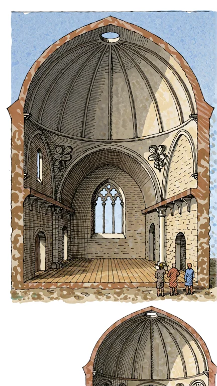 A Cross-section Illustration Of A Large, Domed Structure, Li...