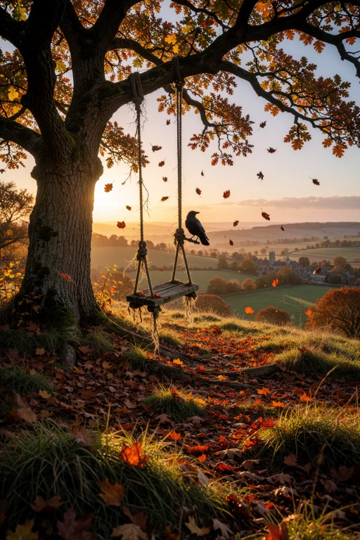 An Old Wooden Swing Hanging From A Low Branch Of A Huge Lone...