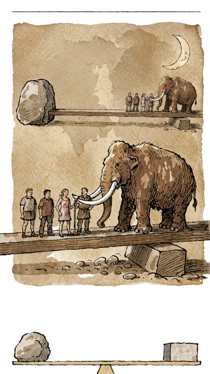 A Mammoth Balanced On A Long Wooden Lever With A Group Of Pe...