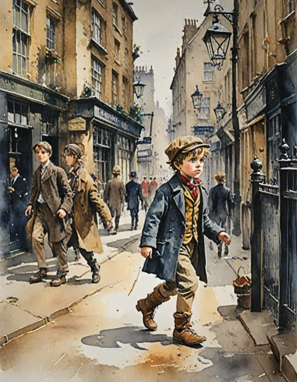 Chahamanstylewatercolor,young Oliver Twist Walking On Foot T...