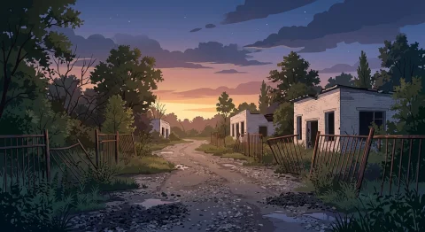 A Quiet Abandoned Former Industrial Area At The Very End Of... — Stable Diffusion AI Prompt: A quiet abandoned former industrial area at the very end of twilight, almost nig...