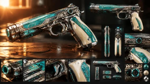 Createa A Concept Design Sheet For A Richly Decorated Turquo... — Stable Diffusion AI Prompt: createa a concept design sheet for a richly decorated turquoise and polished sil...