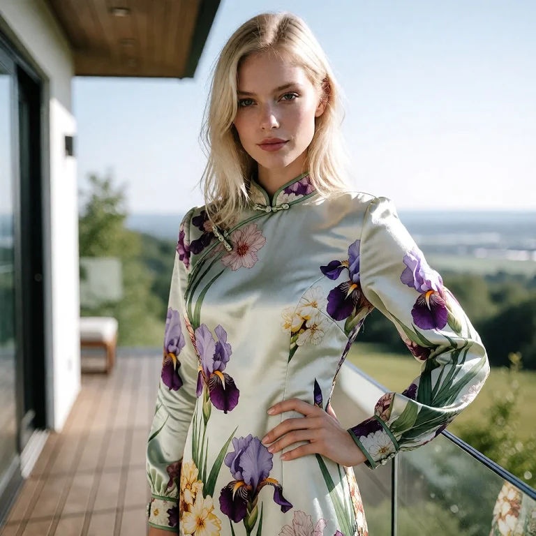 Blonde Woman Wearing A Pale Silk Column Dress With A Mandari...