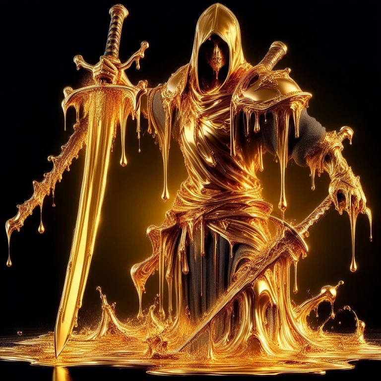 Liquidgoldmorph, Dripping, Sword Made Of Liquid Gold, Molten...