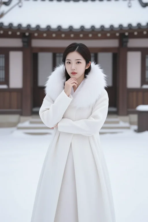 Female Hanbok, Woman Wearing White Fur-trimmed Hanbok, Snowy...