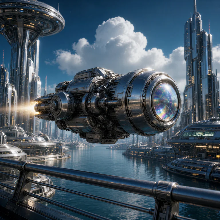 A Futuristic Spaceship Flies Over A Futuristic Cityscape. Th...