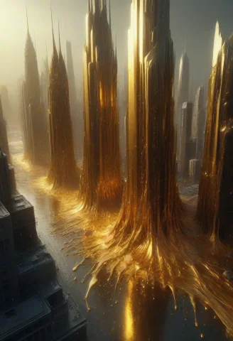 A Futuristic Cityscape Rendered In Molten Gold, Thick Liquid... — SDXL AI Prompt: A futuristic cityscape rendered in molten gold, thick liquid metal skyscrapers,...