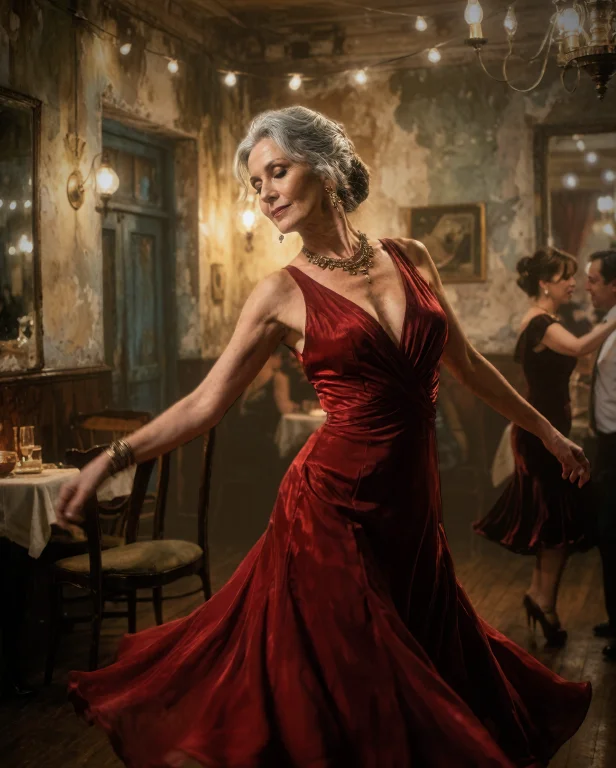 Bradhamel Art Style, A Woman In Her Seventies In A Deep Red...