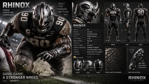 Gridirontackle Cfbplayer Rhinox With Tech Specs — Stable Diffusion AI Prompt: gridiron/tackle CFBplayer Rhinox with tech specs