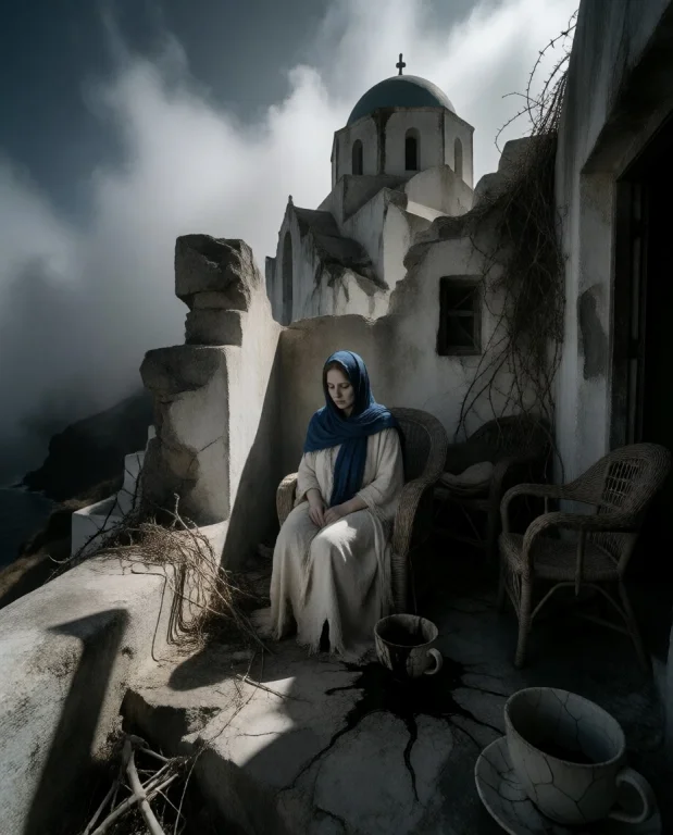 Bianca Sits With A Rigid, Haunting Grace Upon A Crumbling St...