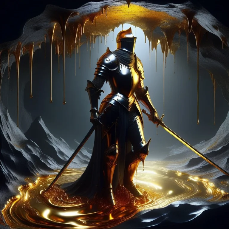 Female Knight In A Liquidgoldmorph Cave, Ceiling Dripping Go...