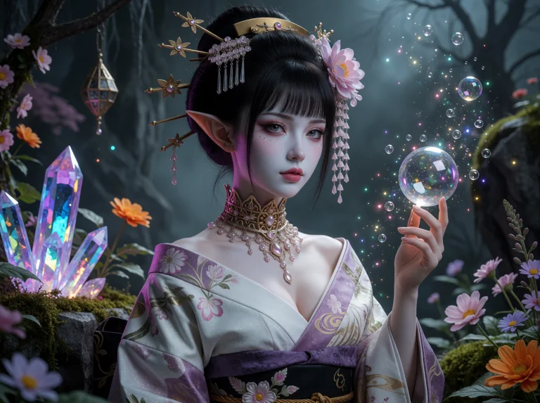 A Professional Photography Of A Gothic Elven Geisha With Whi...