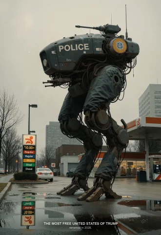 Futuristic Police Mech, Central Focus Slightly To The Right... — Stable Diffusion AI Prompt: Futuristic police mech, central focus slightly to the right of the center, stand...