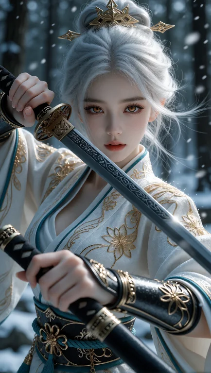 一幅竖幅的超写实角色渲染，以平视的紧凑四分之三身构图拍摄，使...