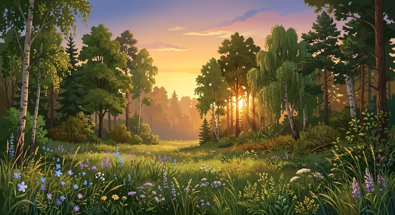 A Beautiful Peaceful Forest Clearing At Sunset, Where A Lush...