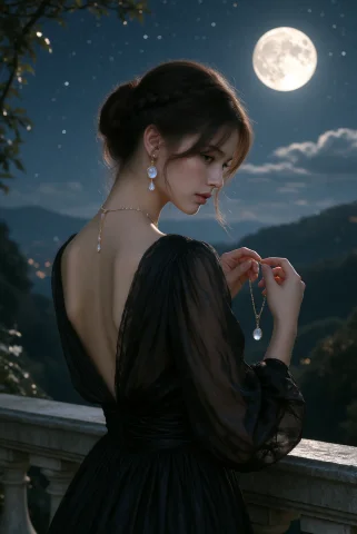 Moonlit Lady1.3, Black Silk Gown With Open Back, Moonstone E... — Stable Diffusion AI Prompt: (moonlit lady:1.3), black silk gown with open back, moonstone earrings, leaning...