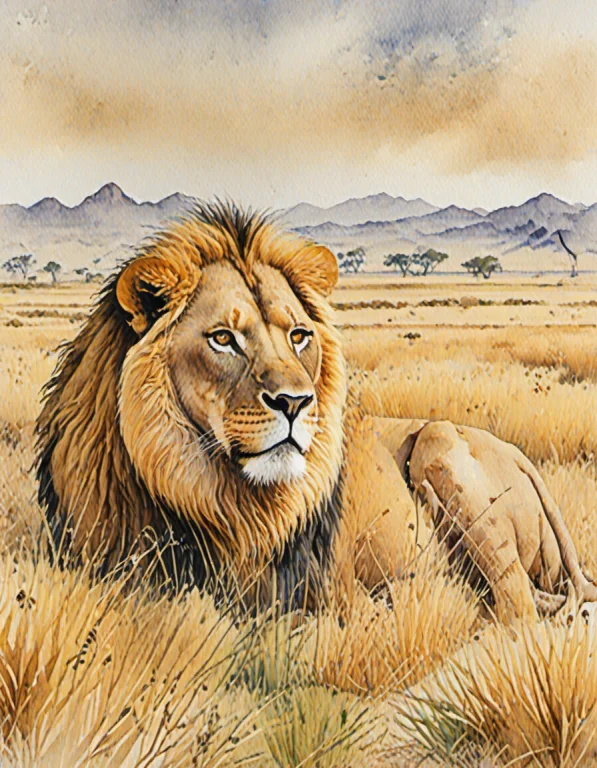 Chahamanstylewatercolor,1lion In Grasslands