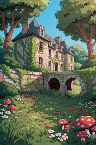 A Carlesdalmau Style Illustration Of An Old, Abandoned Frenc... — Stable Diffusion AI Prompt: a carles_dalmau style illustration of an old, abandoned French château surrounde...