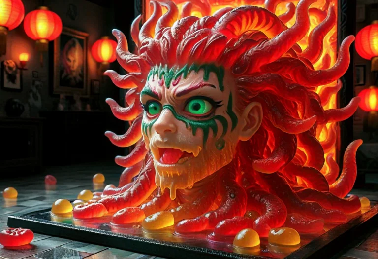 Shiny Extreme Closeup Face Of Translucent Medusa, Gummymorph...