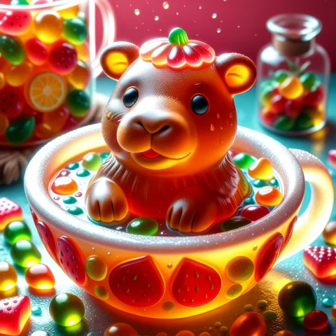 A Highly Detailed, Whimsical 3d Render Of A Cute Chubby Gumm... — SDXL AI Prompt: A highly detailed, whimsical 3D render of a cute chubby gummy capybara taking a...