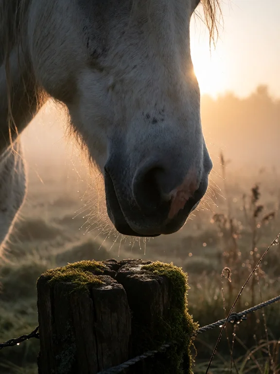 A Close-up Of The Muzzle Of A White Horse, Whose Light Mane...