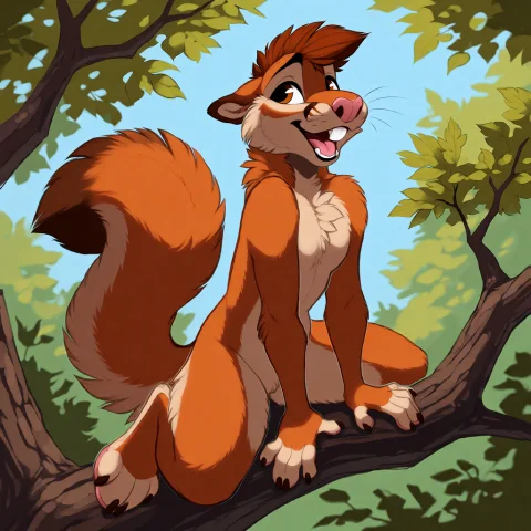 Dirtysoda, A Cartoony Feral Female Squirrel Is Sitting On A... — Stable Diffusion AI Prompt: @dirtysoda, A cartoony feral female squirrel is sitting on a tree branch in a de...