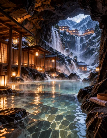 Loratraining2617621-20261001201207663-1gnt1 Z1os, Japanese O... — Stable Diffusion AI Prompt: z1os, Japanese onsen inside a dark volcanic cave, steaming stone bath surrounde...