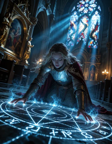 A Female Knight Kneeling With Both Hands On The Ground In A... — Stable Diffusion AI Prompt: a female knight kneeling with both hands on the ground in a gigantic cathedral....