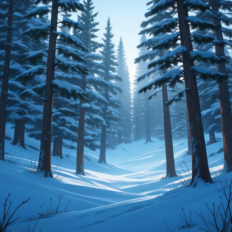 A Misty Alpine Valley At Dawn, Tall Pine Trees Covered In Mo...