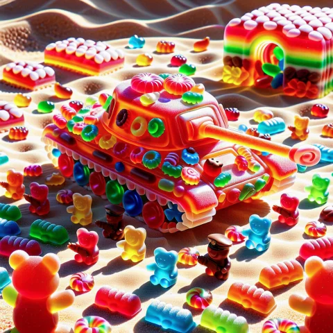 Lazypos0.9a Miniature Battlefield Scene Made Entirely Of Can... — SDXL AI Prompt: (lazypos:0.9)a miniature battlefield scene made entirely of candy. in the center...