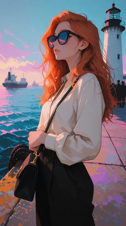 A Stylish Young Woman Beautiful Red Hair Stands On A Dock Lo...