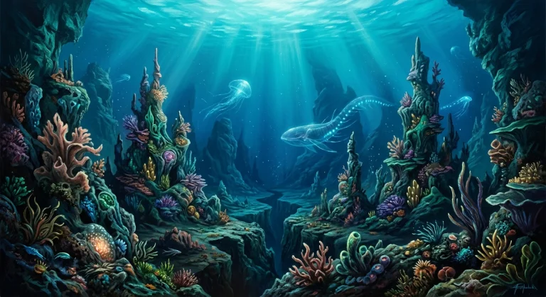A Cinematic Alien Underwater Landscape Beneath An Immense Tu...